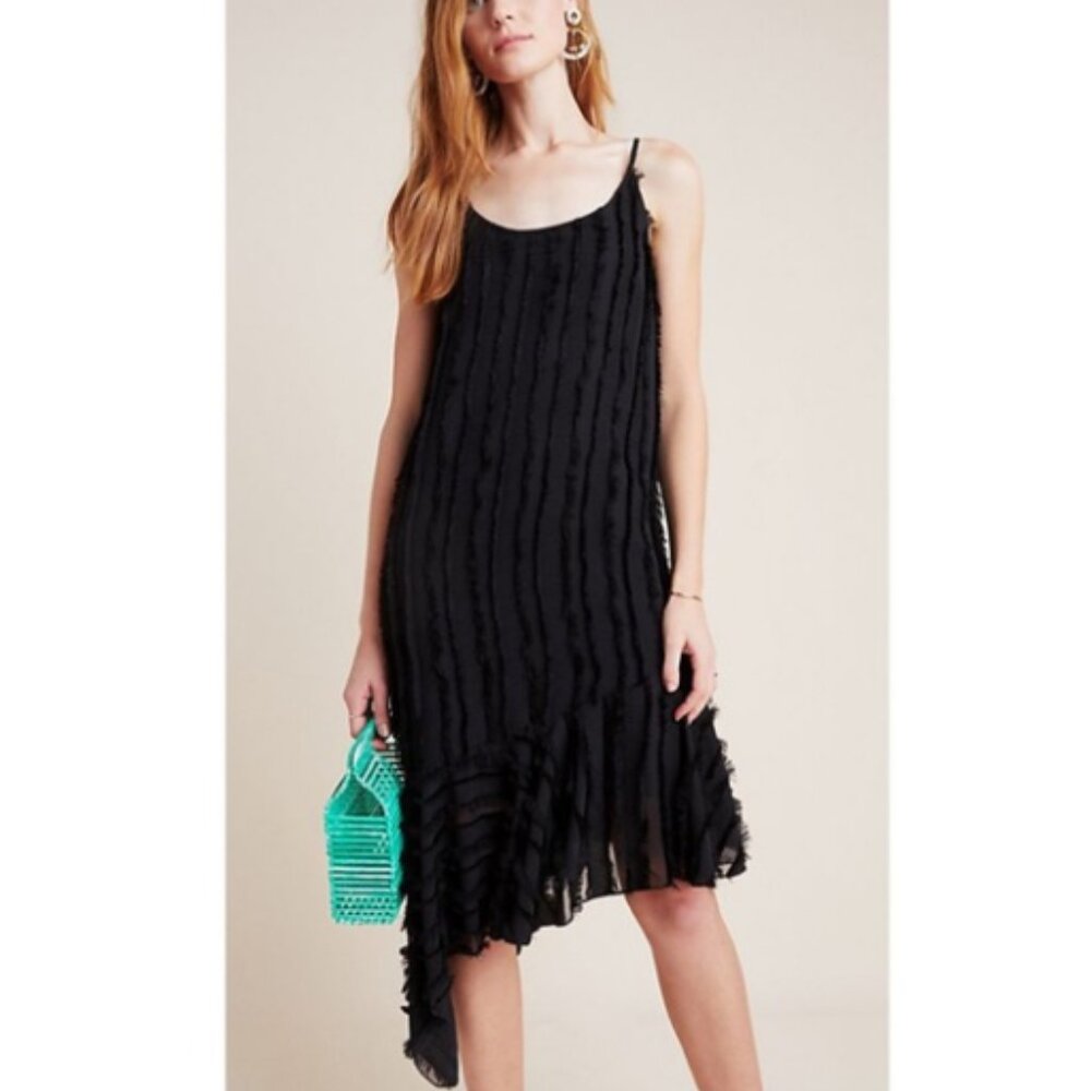 ANTHRO I NWT Black Asymmetrical Fringed Slip Dress by Eri & Ali, S